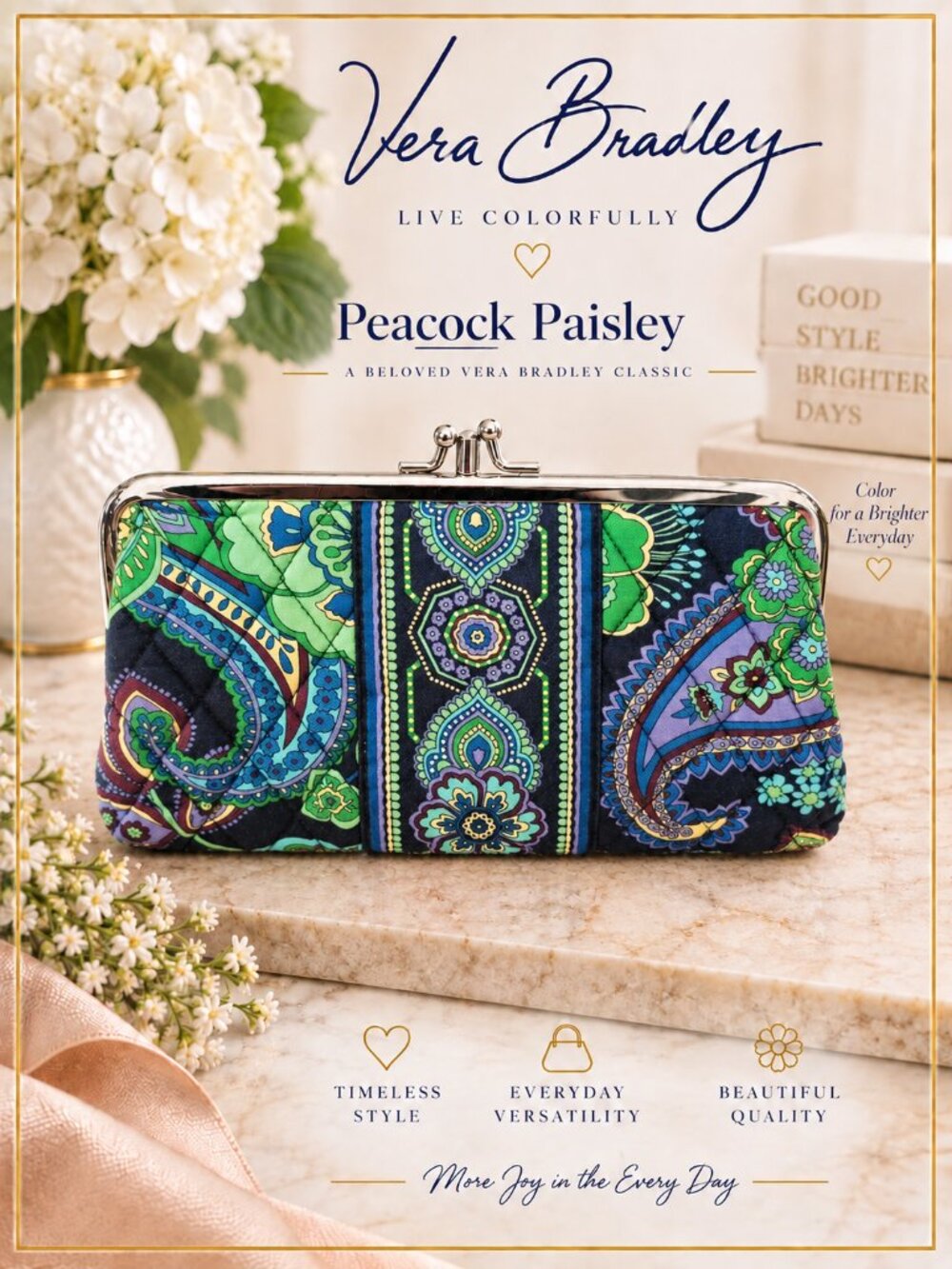 Vera Bradley Peacock Kiss Lock Clutch Wallet Quilted Retired Pattern